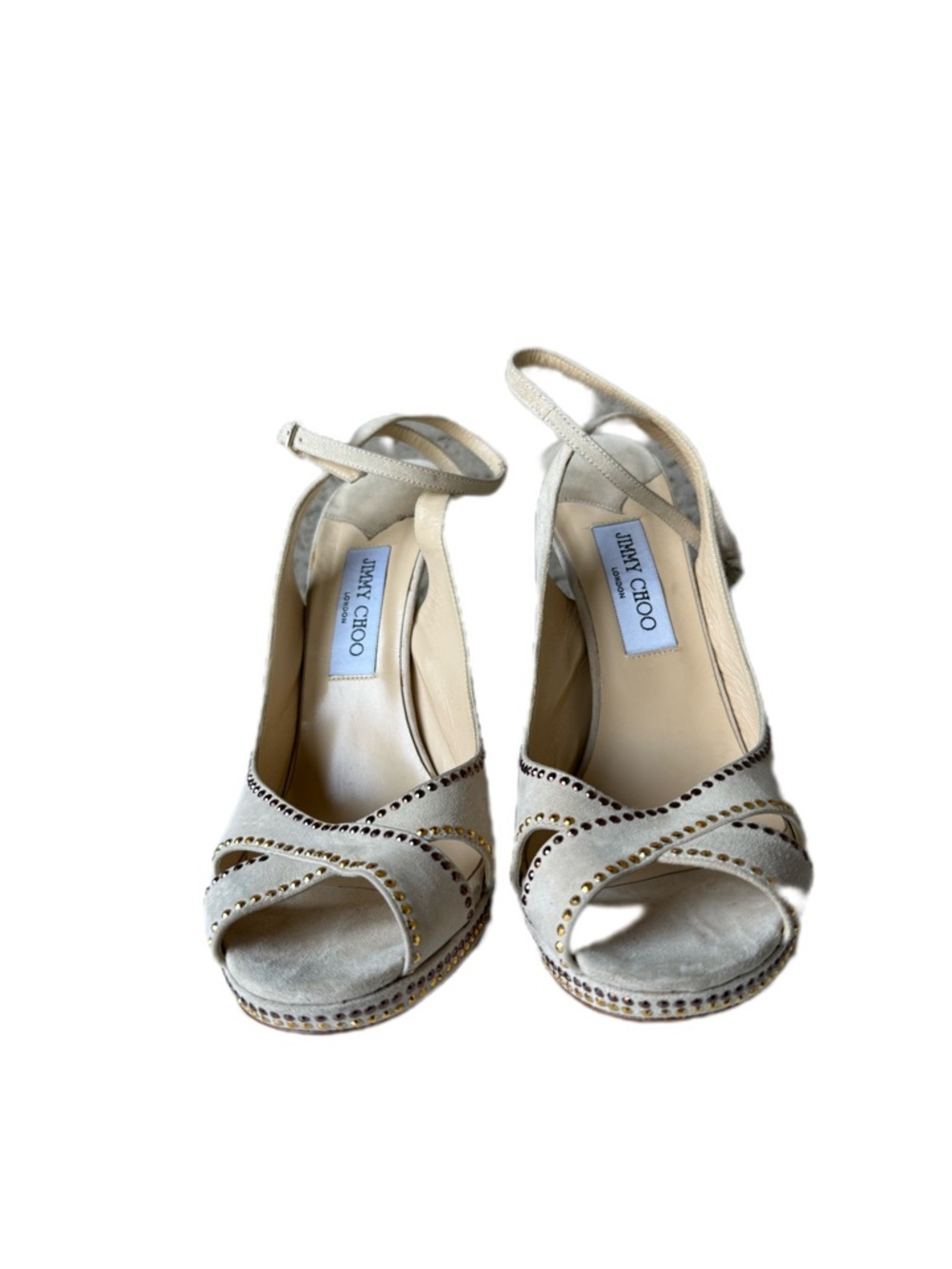 Jimmy Choo Cream Suede Studded Peep-Toe Ankle Strap Heels